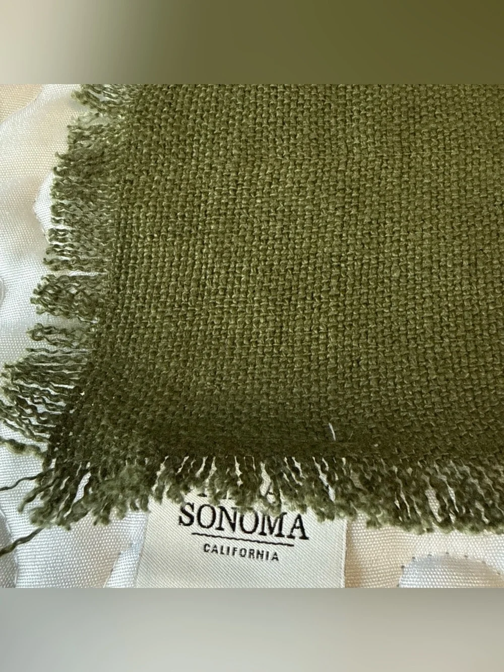 Williams Sonoma California Fringe Square One Linen Napkin Olive Green USA‎ Made